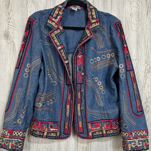 Coldwater Creek Colorful Artsy Boho Embroidered Jean Jacket Size Medium - Picture 12 of 12
